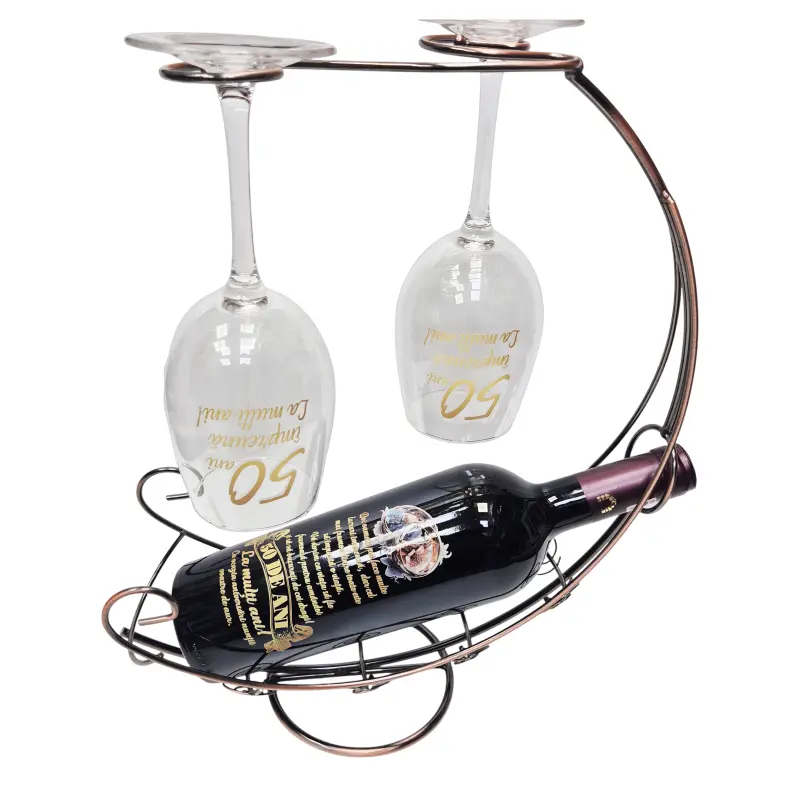 50 de ani aniversare, suport din metal cu sticla vin personalizata cu mesaj si 2 pahare personalizate 50 de ani impreuna